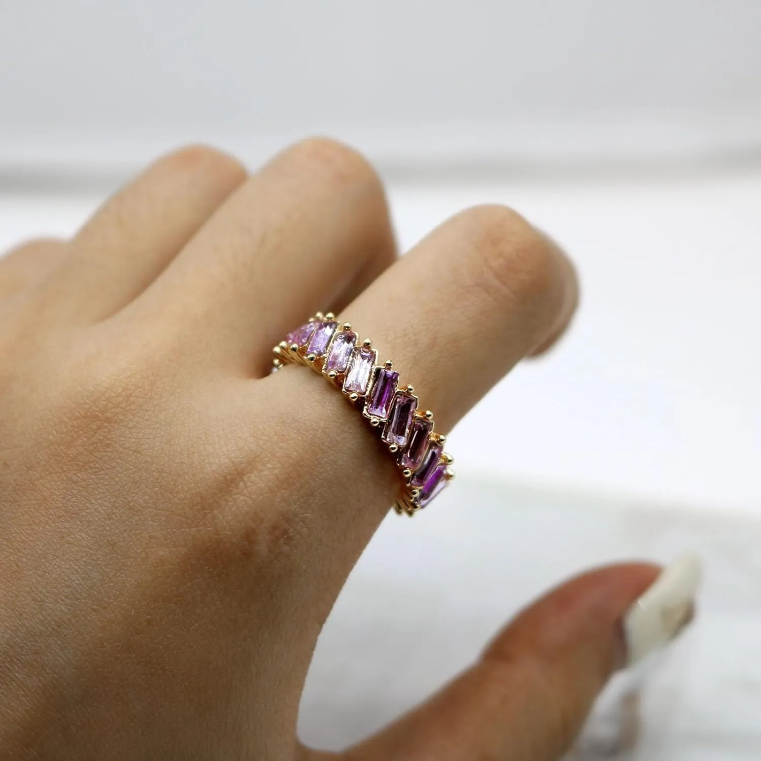 HSQYJ Rainbow Baguette Band Ring Eternity Band Cubic Zirconia Ring Gold Plated Fashion Luxury Jewelry Crystal Cocktail Rings for Women Gift