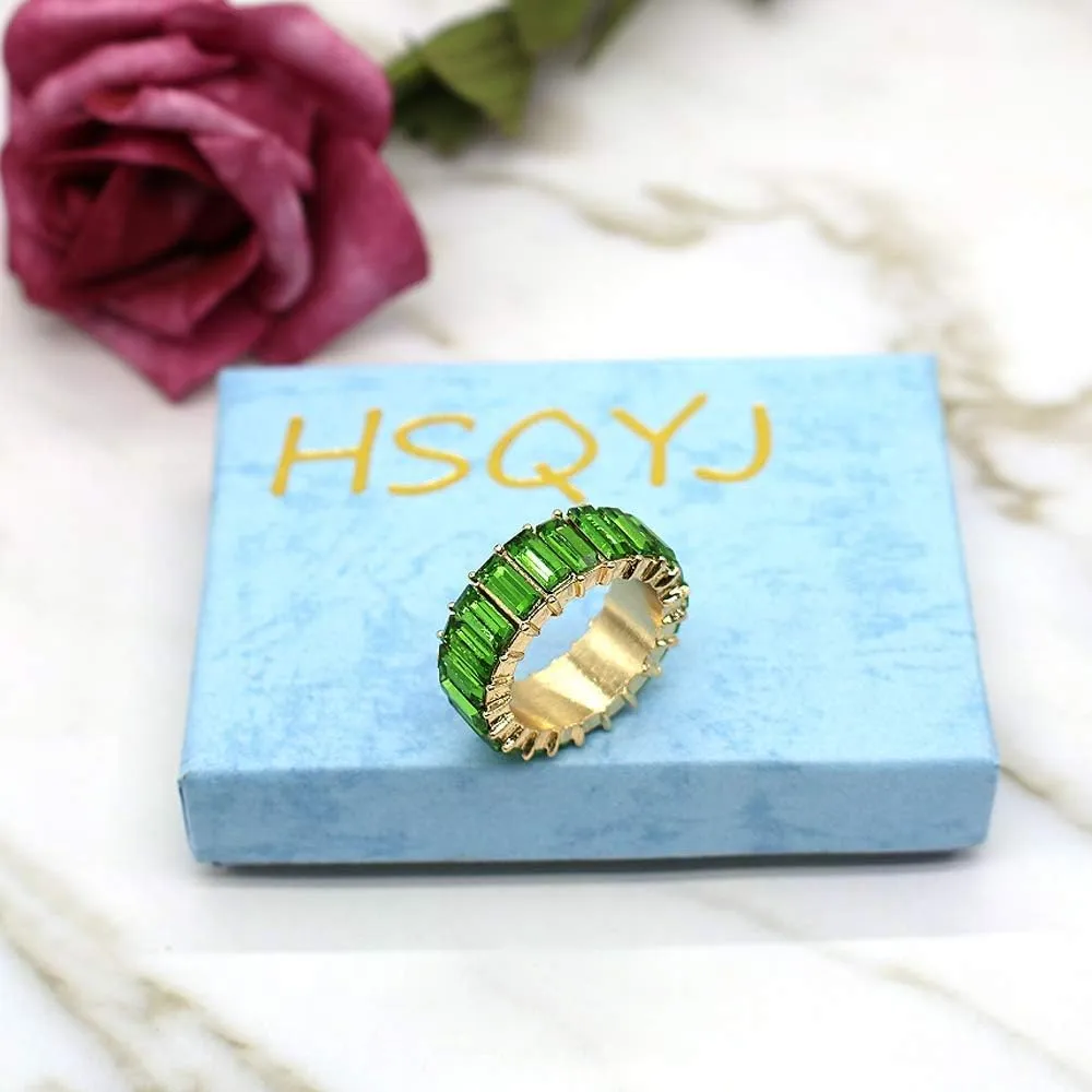 HSQYJ Rainbow Baguette Band Ring Eternity Band Cubic Zirconia Ring Gold Plated Fashion Luxury Jewelry Crystal Cocktail Rings for Women Gift