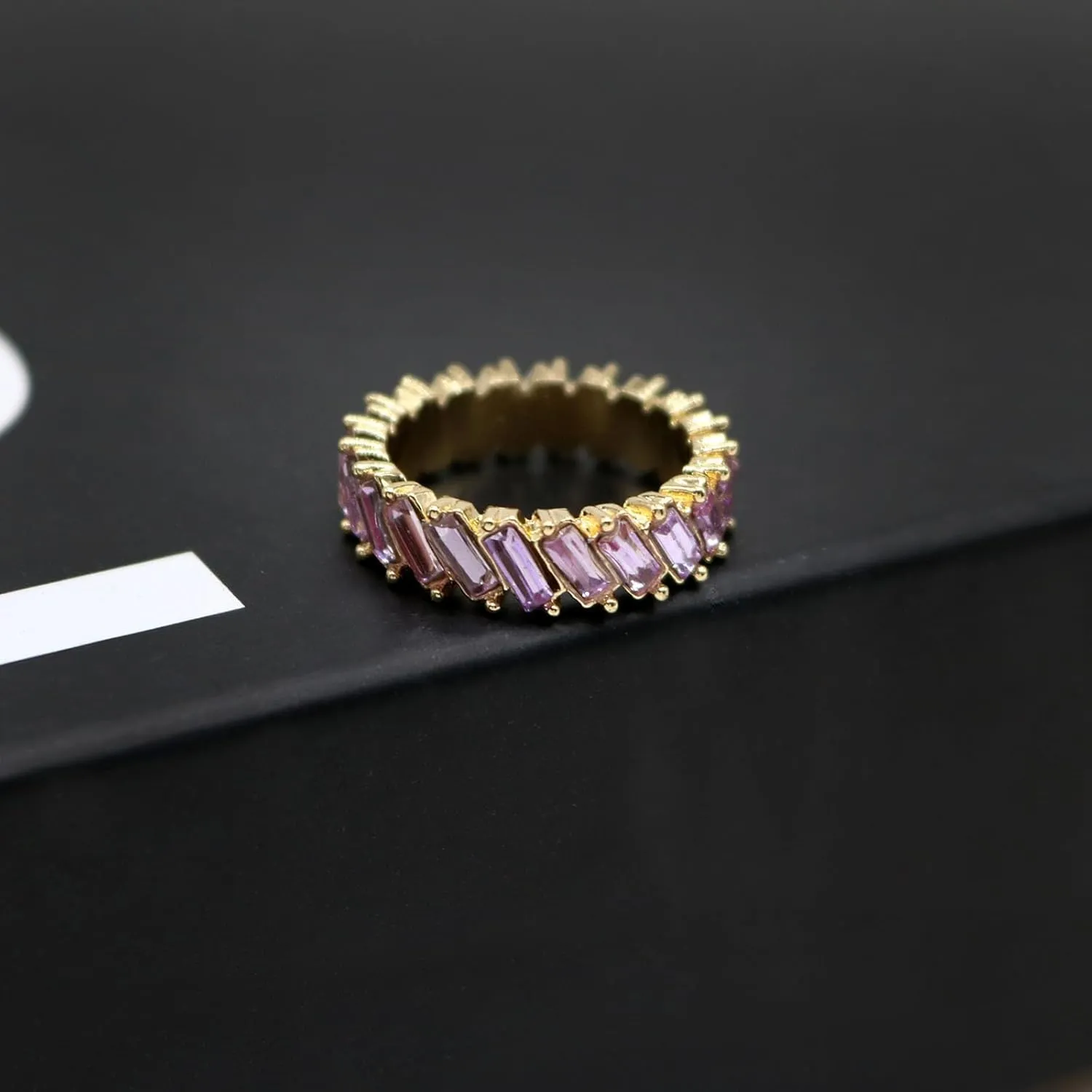 HSQYJ Rainbow Baguette Band Ring Eternity Band Cubic Zirconia Ring Gold Plated Fashion Luxury Jewelry Crystal Cocktail Rings for Women Gift