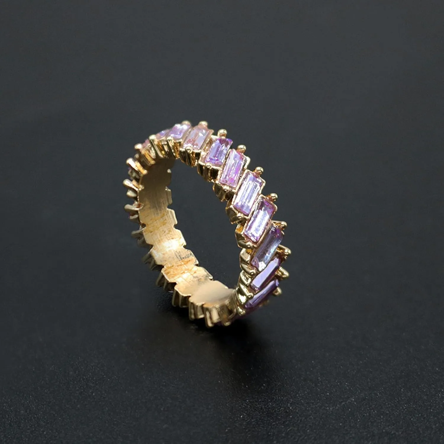HSQYJ Rainbow Baguette Band Ring Eternity Band Cubic Zirconia Ring Gold Plated Fashion Luxury Jewelry Crystal Cocktail Rings for Women Gift