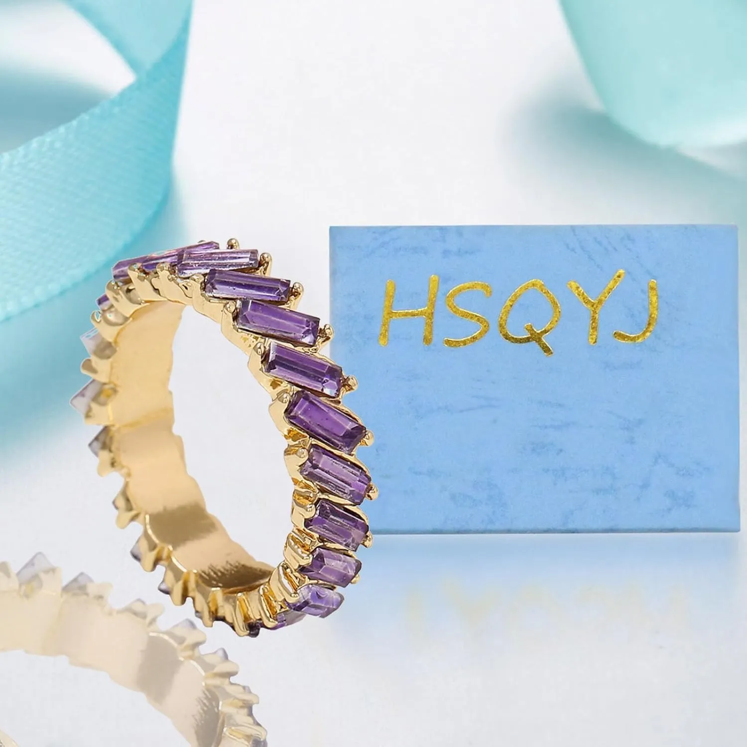 HSQYJ Rainbow Baguette Band Ring Eternity Band Cubic Zirconia Ring Gold Plated Fashion Luxury Jewelry Crystal Cocktail Rings for Women Gift