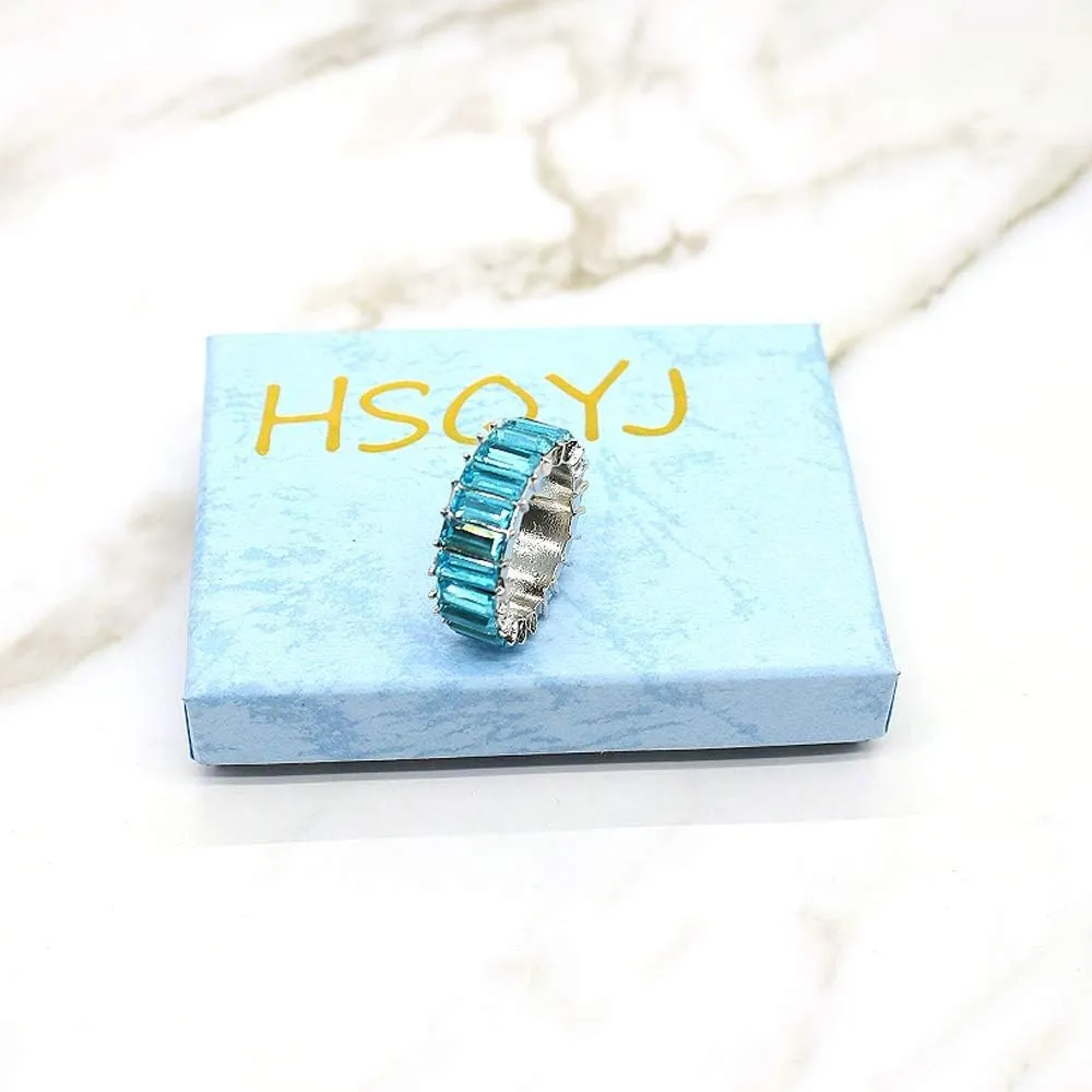 HSQYJ Rainbow Baguette Band Ring Eternity Band Cubic Zirconia Ring Gold Plated Fashion Luxury Jewelry Crystal Cocktail Rings for Women Gift
