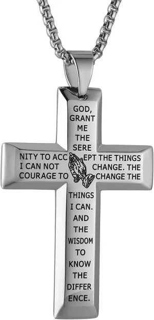 HZMAN Stainless Steel Serenity Prayer Cross Pendant Necklace for Men Women Religious Bible Verse Cross Necklace Christian Faith Necklaces
