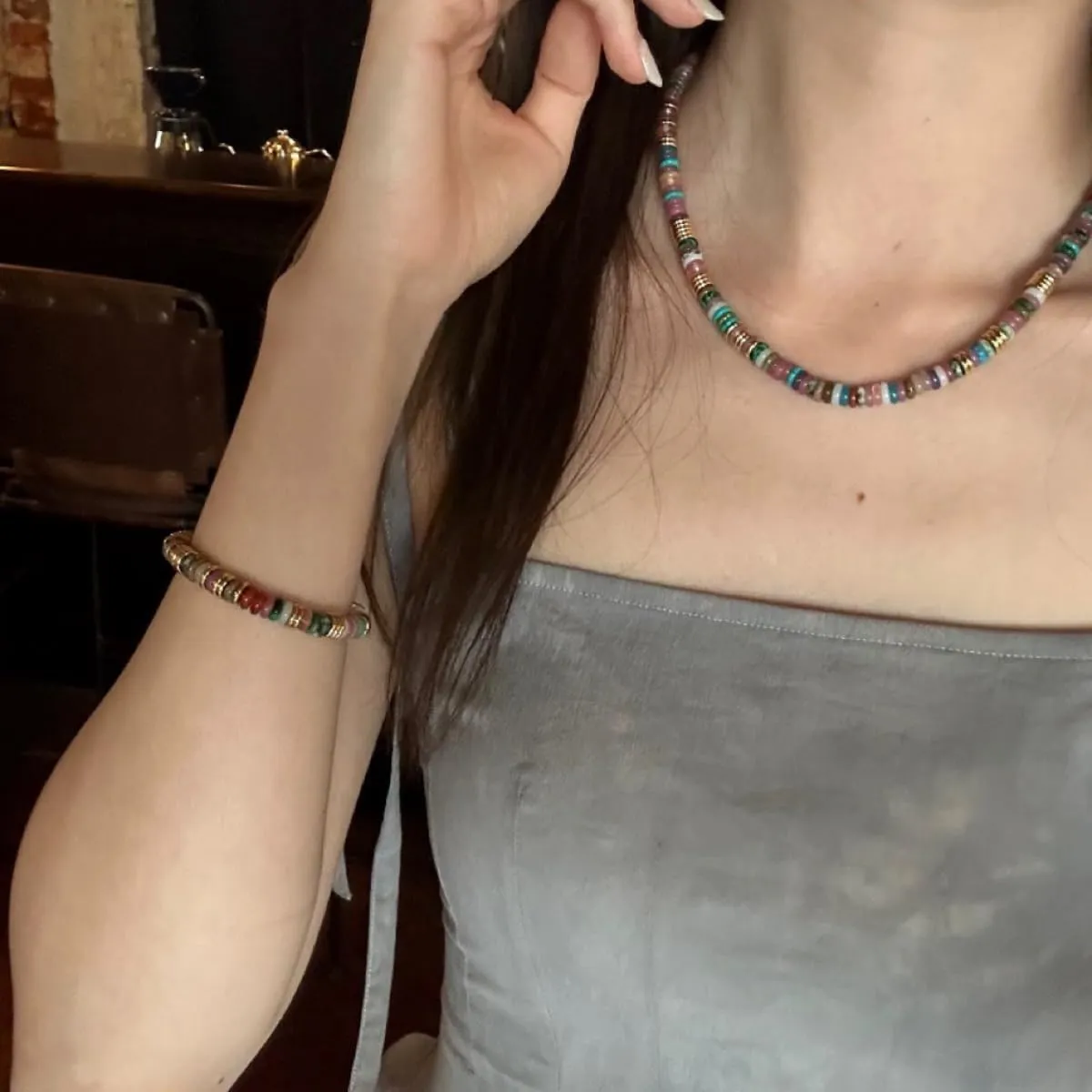IBARA Boho Colorful Beaded Choker Necklace/Bracelet for Women,Real Natural Stone Gemstone Necklace Freshwater Pearl Necklace 18K Gold Plated Summer Beach Handmade Jewelry Trendy