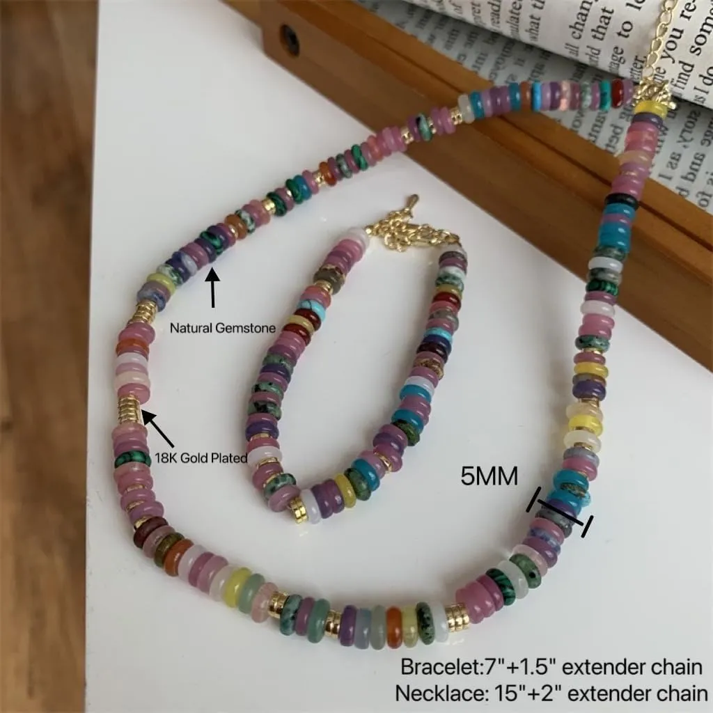 IBARA Boho Colorful Beaded Choker Necklace/Bracelet for Women,Real Natural Stone Gemstone Necklace Freshwater Pearl Necklace 18K Gold Plated Summer Beach Handmade Jewelry Trendy