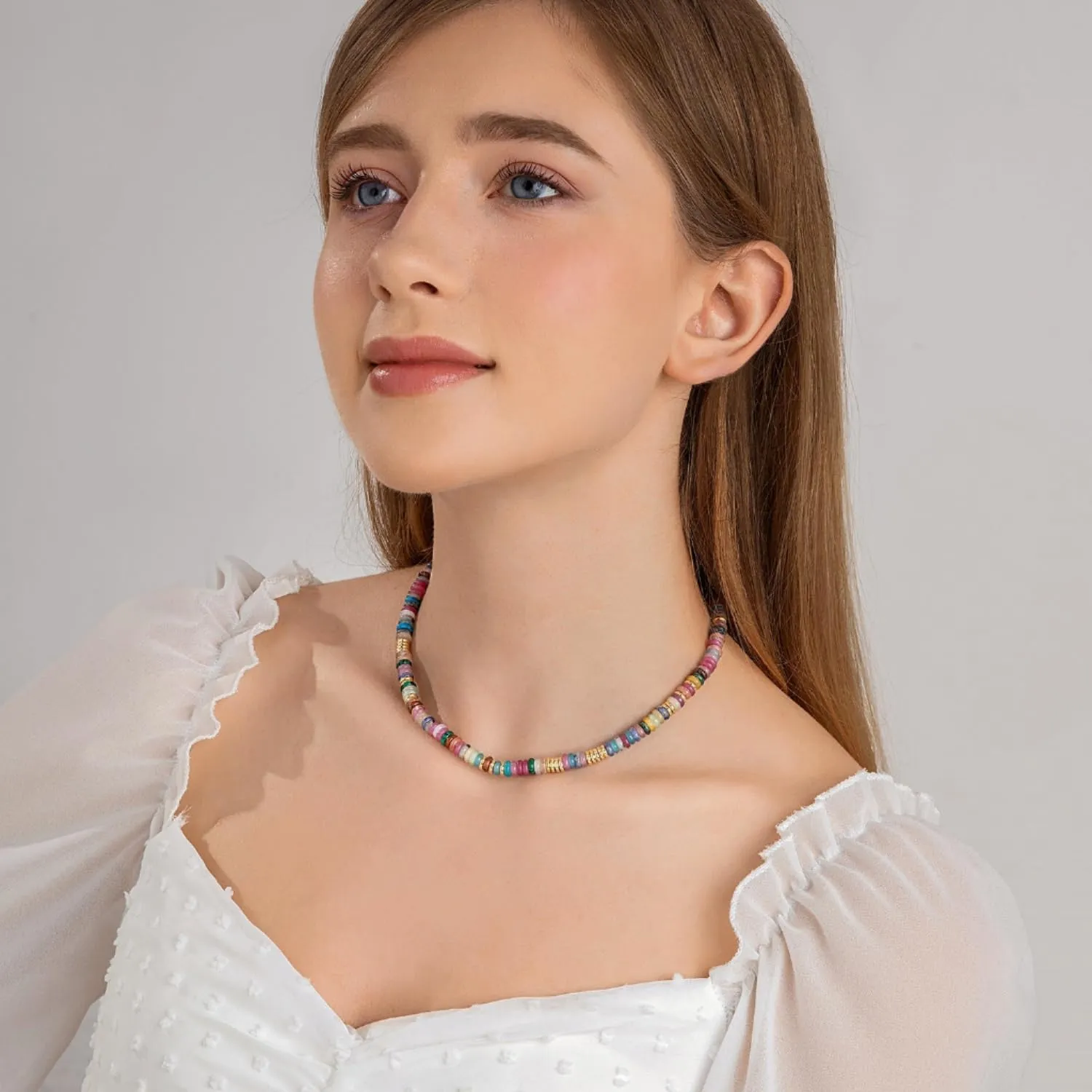 IBARA Boho Colorful Beaded Choker Necklace/Bracelet for Women,Real Natural Stone Gemstone Necklace Freshwater Pearl Necklace 18K Gold Plated Summer Beach Handmade Jewelry Trendy