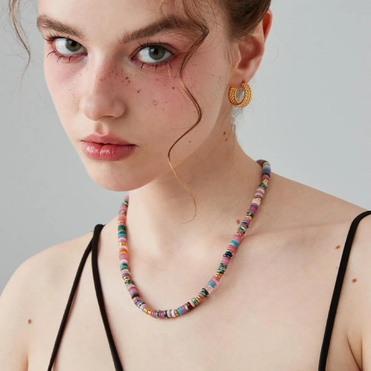 IBARA Boho Colorful Beaded Choker Necklace/Bracelet for Women,Real Natural Stone Gemstone Necklace Freshwater Pearl Necklace 18K Gold Plated Summer Beach Handmade Jewelry Trendy