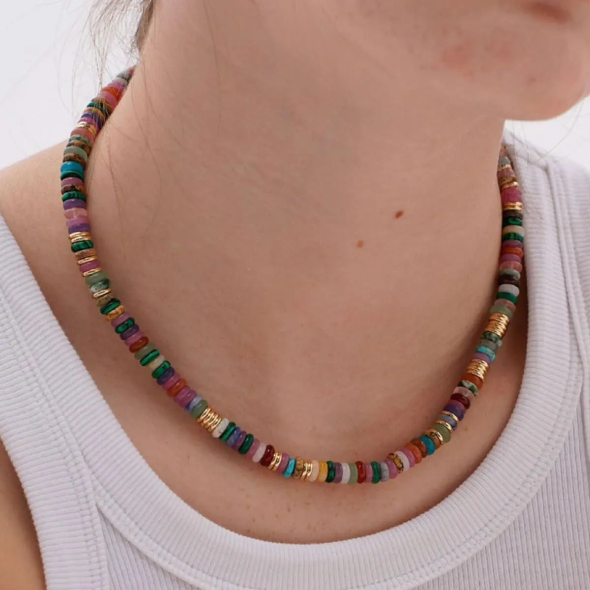 IBARA Boho Colorful Beaded Choker Necklace/Bracelet for Women,Real Natural Stone Gemstone Necklace Freshwater Pearl Necklace 18K Gold Plated Summer Beach Handmade Jewelry Trendy