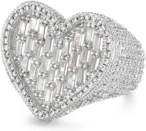 Iced Out Baguette Cz Diamond Heart Ring Jewelry, All Match Bling Bling Dainty Gold Pinky Ring Party Rose Gold Love Women Luxury Jewelry