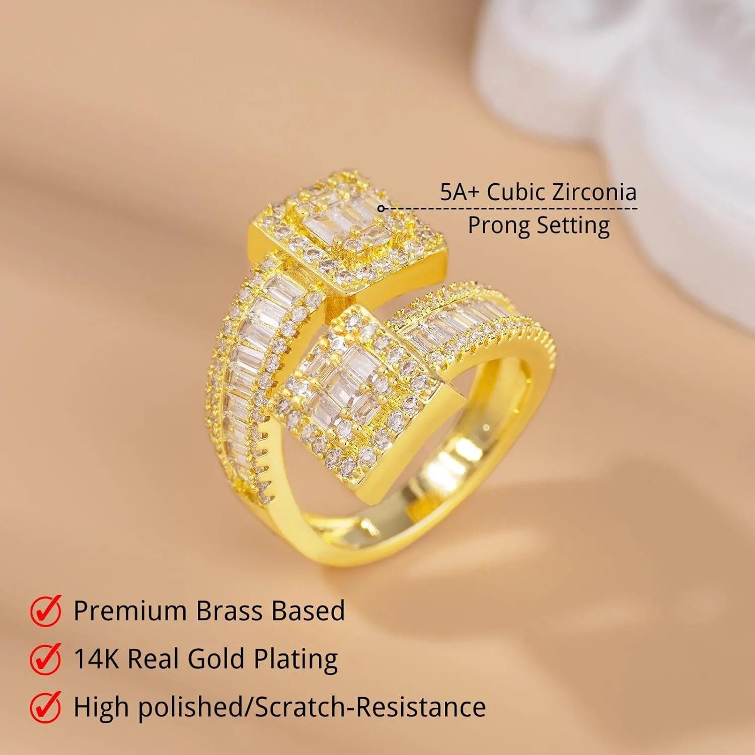 Iced Out Cubic Zirconia Diamond Baguette Ring - For Men & Women, Silver & Gold Luxury Bling Party Ring