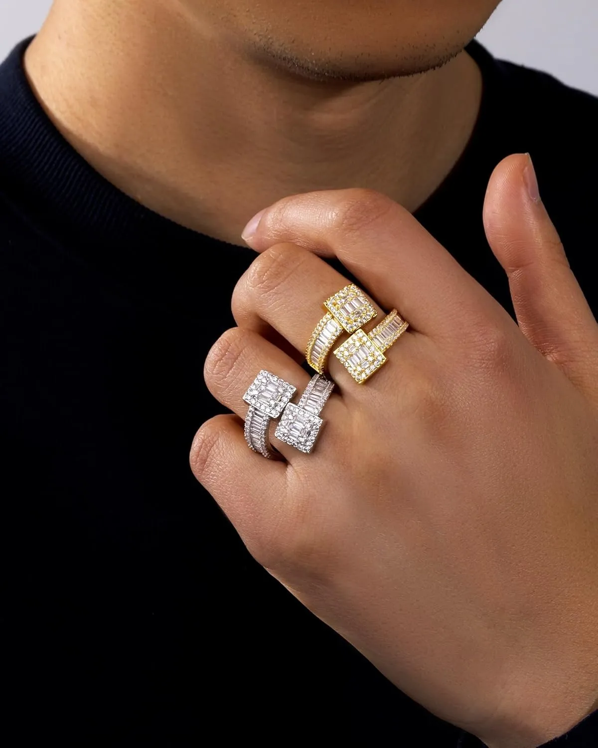 Iced Out Cubic Zirconia Diamond Baguette Ring - For Men & Women, Silver & Gold Luxury Bling Party Ring