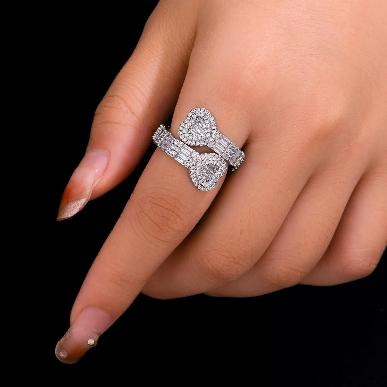 Iced Out Jewelry Baguette Cz Adjustable Heart Ring, All Match Bling Bling Dainty Gold Pinky Ring Party Rose Gold Love Men Women Luxury Jewelry