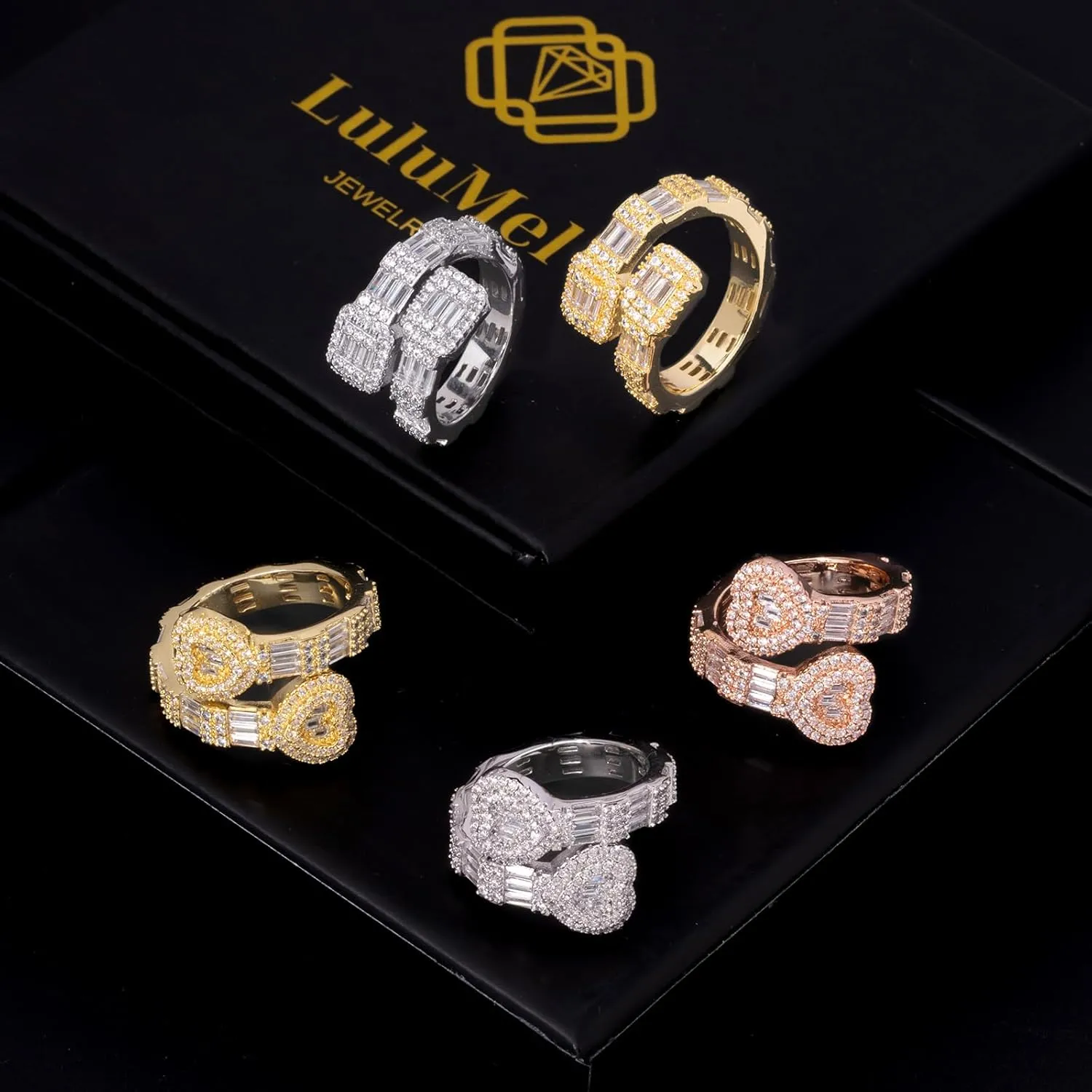 Iced Out Jewelry Baguette Cz Adjustable Heart Ring, All Match Bling Bling Dainty Gold Pinky Ring Party Rose Gold Love Men Women Luxury Jewelry