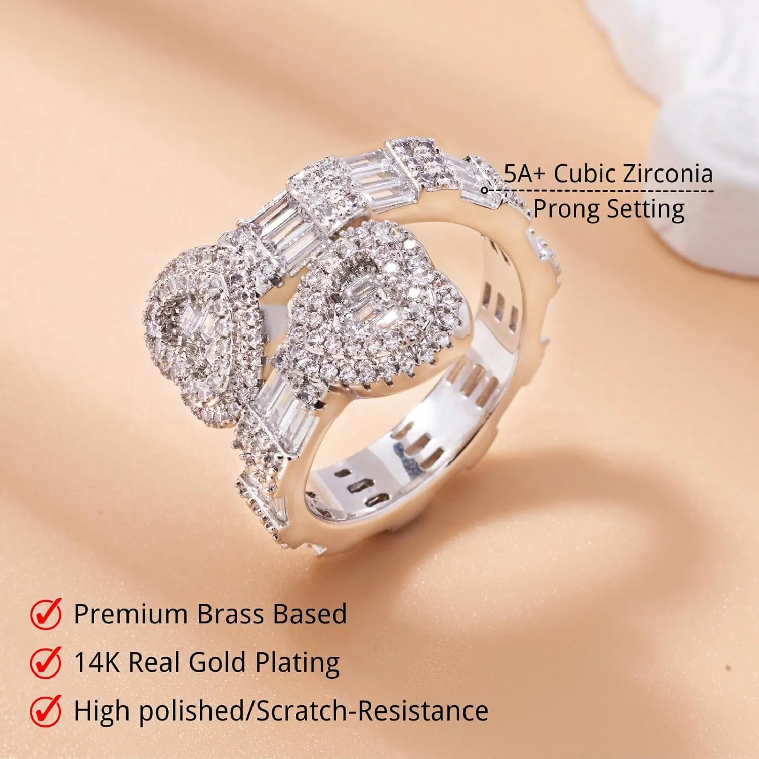 Iced Out Jewelry Baguette Cz Adjustable Heart Ring, All Match Bling Bling Dainty Gold Pinky Ring Party Rose Gold Love Men Women Luxury Jewelry