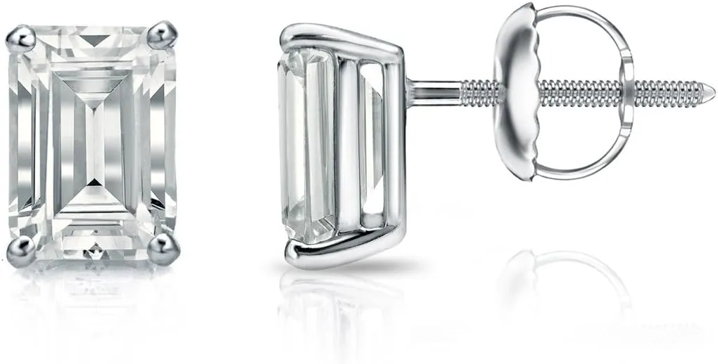 IGI Certified 1 to 1 2/5 Carat Lab Grown Diamond Emerald Cut Stud Earrings in 14k White or Yellow Gold (E-F, VS-SI, cttw) 4-Prong Basket Screw Back by Diamond Wish
