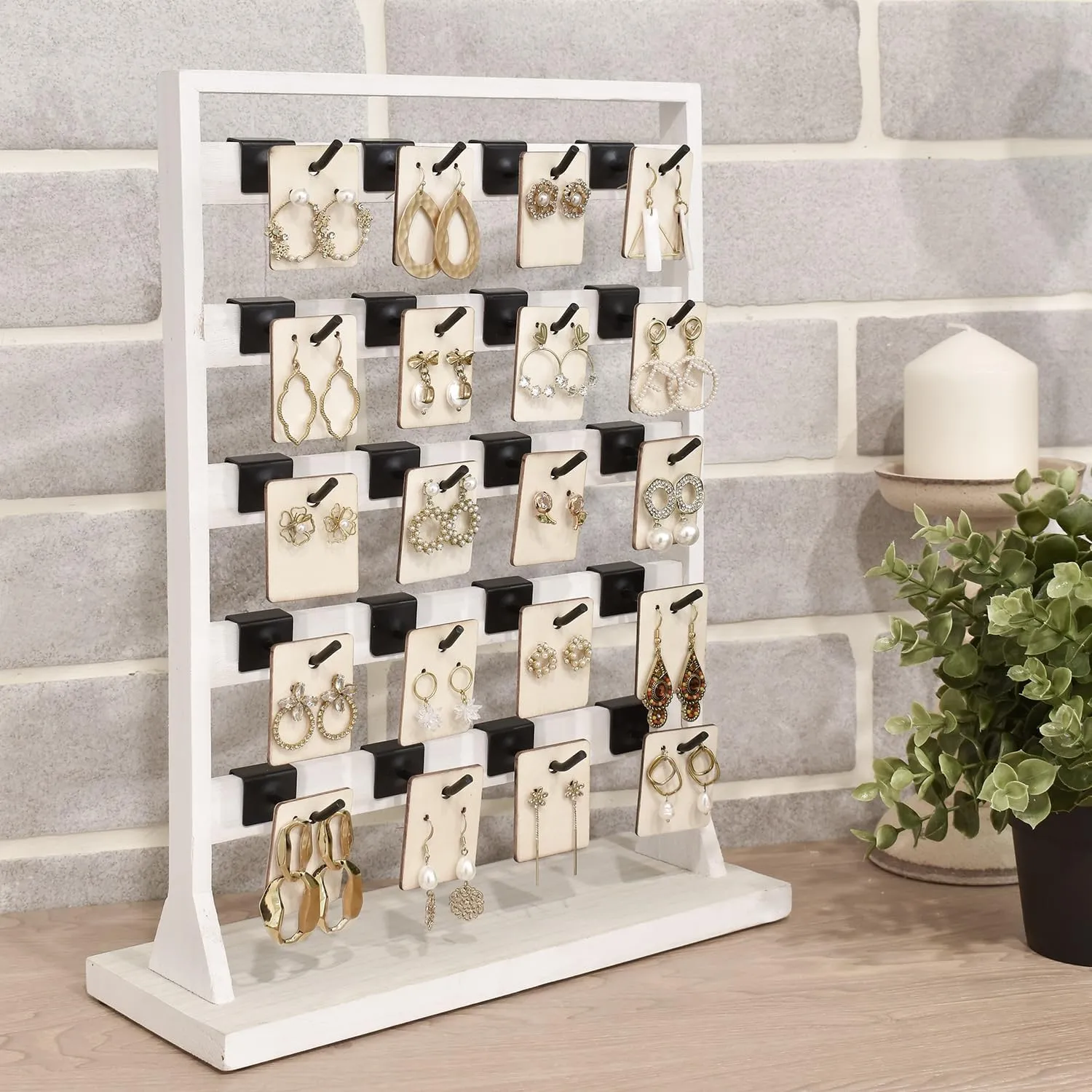 Ikee Design 5 Tiers Wooden Jewelry Display Rack with 20 Removable Metal Hooks,Earring Card Display Stand,Jewelry Organizer,Bracelet Keychain Stand, Wash White