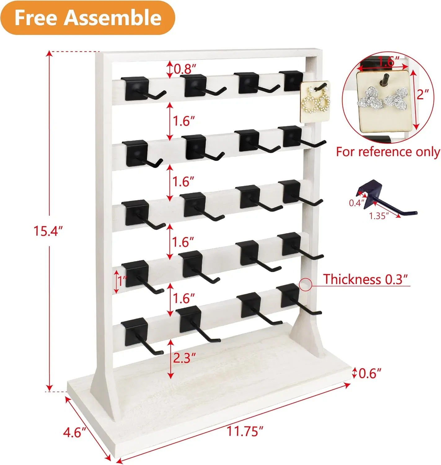 Ikee Design 5 Tiers Wooden Jewelry Display Rack with 20 Removable Metal Hooks,Earring Card Display Stand,Jewelry Organizer,Bracelet Keychain Stand, Wash White