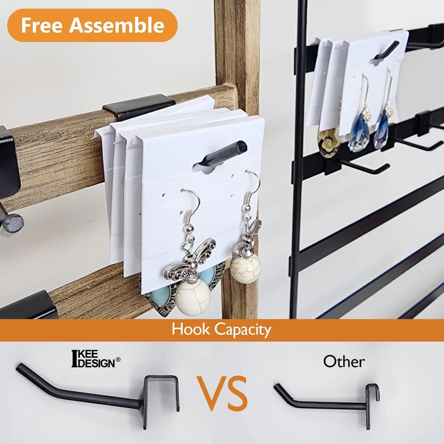 Ikee Design 5 Tiers Wooden Jewelry Display Rack with 20 Removable Metal Hooks,Earring Card Display Stand,Jewelry Organizer,Bracelet Keychain Stand, Wash White