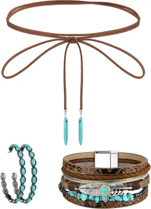 Inbagi 3 Pcs Western Jewelry for Women Bohemian Set, Boho Pendant Long Choker, Faux Leather Layered Bracelet, Dangle Earrings