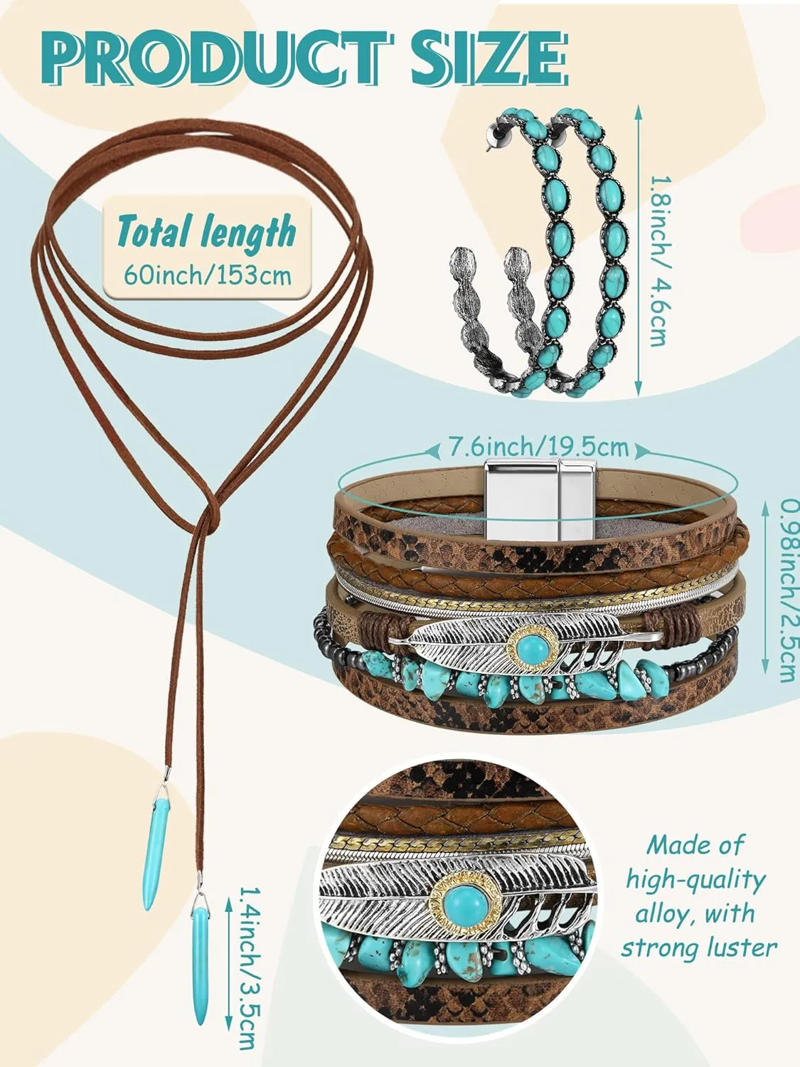 Inbagi 3 Pcs Western Jewelry for Women Bohemian Set, Boho Pendant Long Choker, Faux Leather Layered Bracelet, Dangle Earrings
