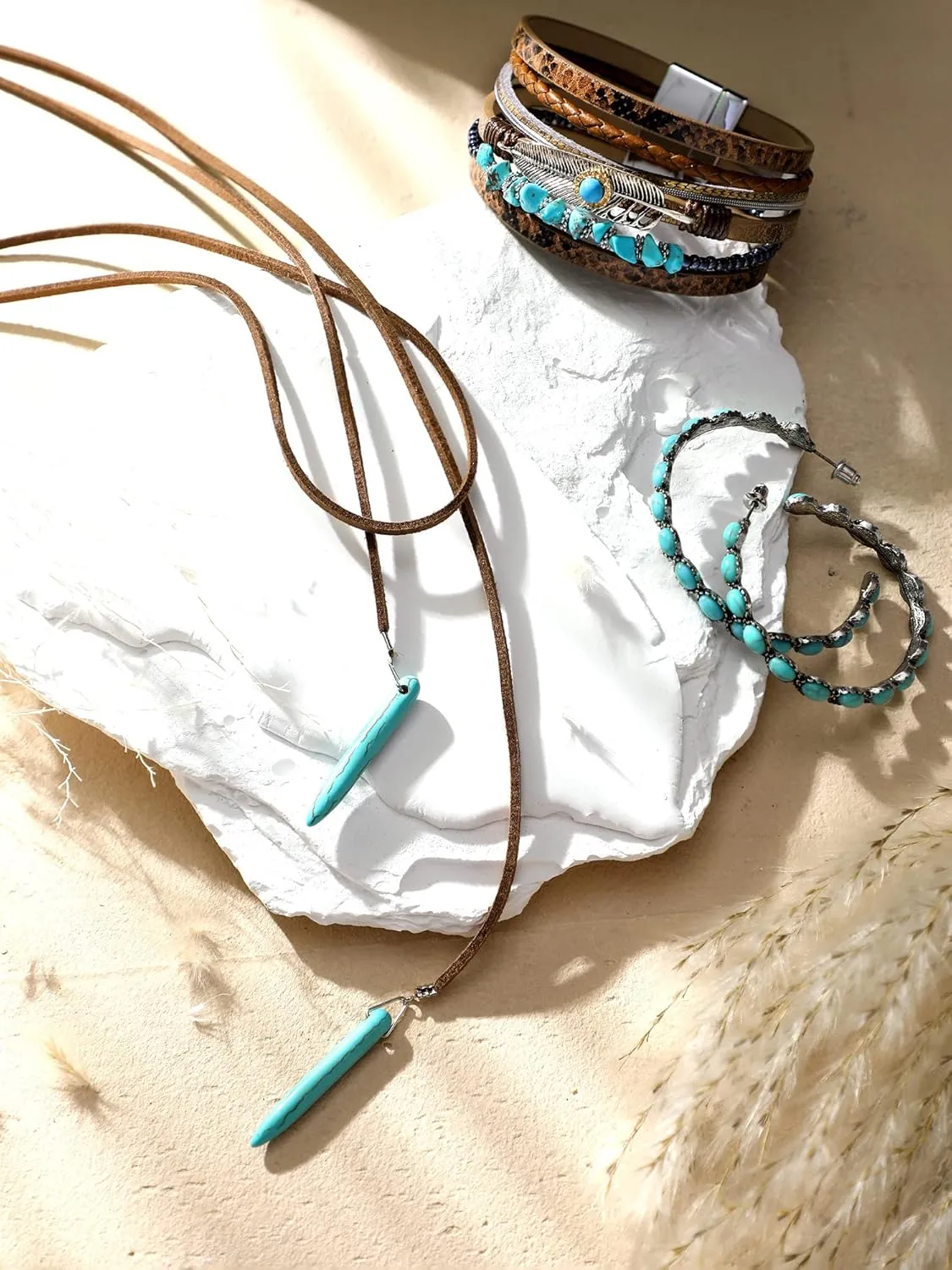 Inbagi 3 Pcs Western Jewelry for Women Bohemian Set, Boho Pendant Long Choker, Faux Leather Layered Bracelet, Dangle Earrings
