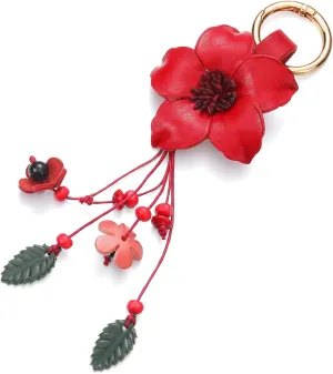 Inbagi Leather Leaf Flower Tassel Keychain Boho Accessories Cute Keychains for Women Wallet Bag Purse Ring Pendant Charms