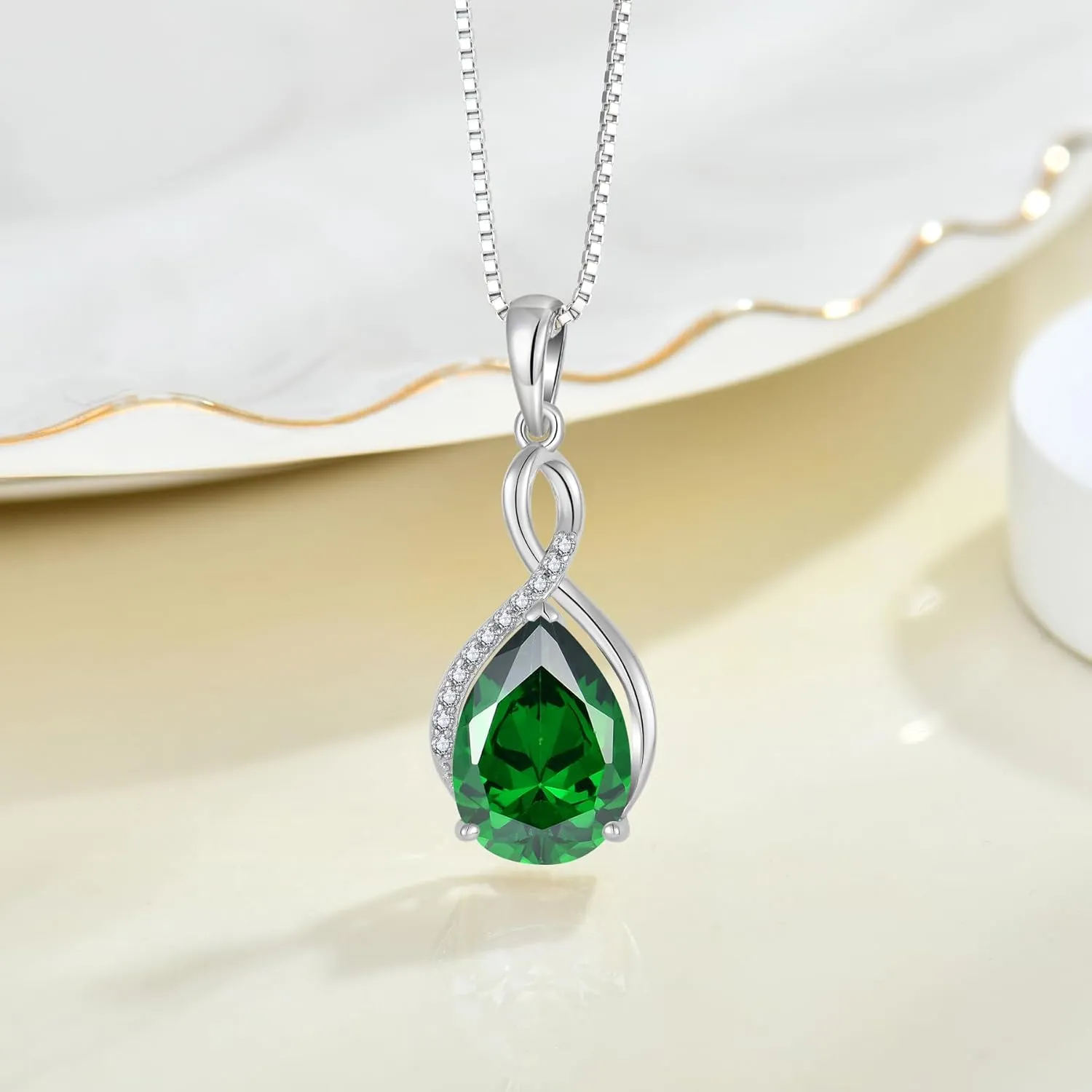 Infinity Birthstone Pendant Necklace for Women, 925 Sterling Silver 8x12 MM Pear-Cut CZ Necklaces Jewelry for Christmas Birthday Mother's Day