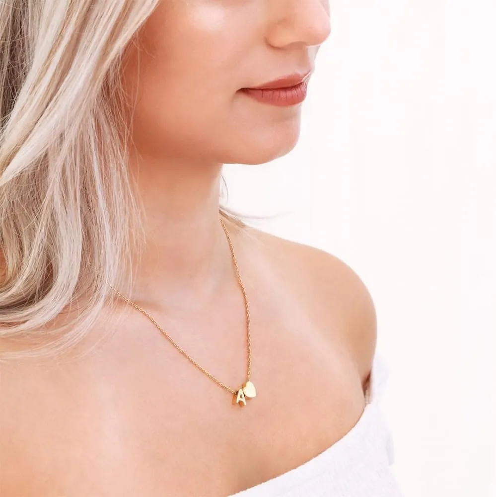 Initial Necklaces For Women, Gold Heart Pendant Letter A-Z Necklace 18k Gold Plated Dainty Statement Titanium Steel Name Jewelry For Women Gift