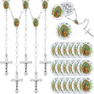 Jadive 24 Pcs Lady Guadalupe Scented Rosary Beads Necklace with 24 Clear Gift Box First Communion Baptism Beaded Necklace Favor (White)