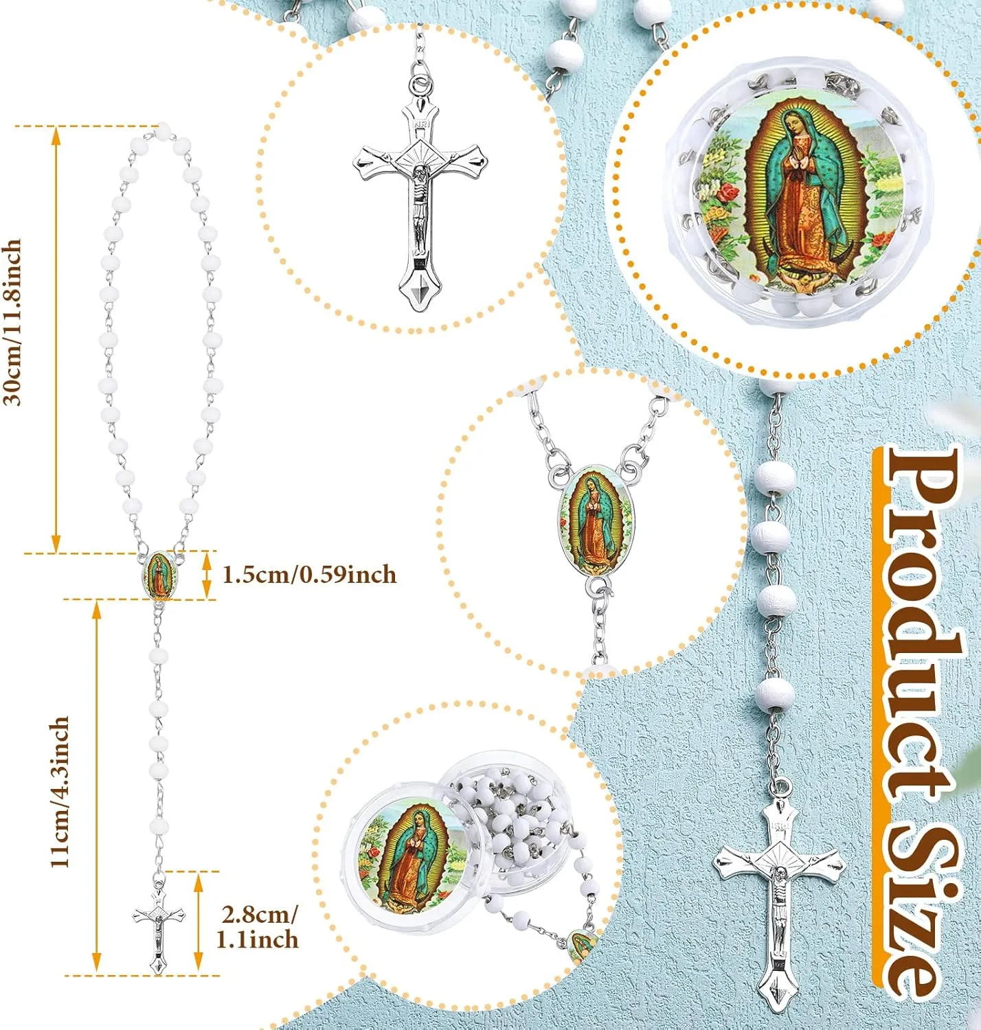 Jadive 24 Pcs Lady Guadalupe Scented Rosary Beads Necklace with 24 Clear Gift Box First Communion Baptism Beaded Necklace Favor (White)