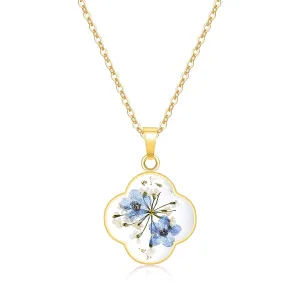 Jayden Four Leaf Clover Necklace for Women - Forget-Me-Not and Queen Anne's Lace Pressed Flower Necklace,Handmade Boho Jewelry,Lucky Clover Pendant - Gold | 18"