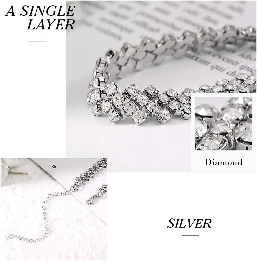 JEAIRTS Rhinestone Choker Necklace Silver Diamond Row Necklaces Sparkly Crystal Necklace Chain Jewerly Fashion Minimalist Party Prom Accessories for Women
