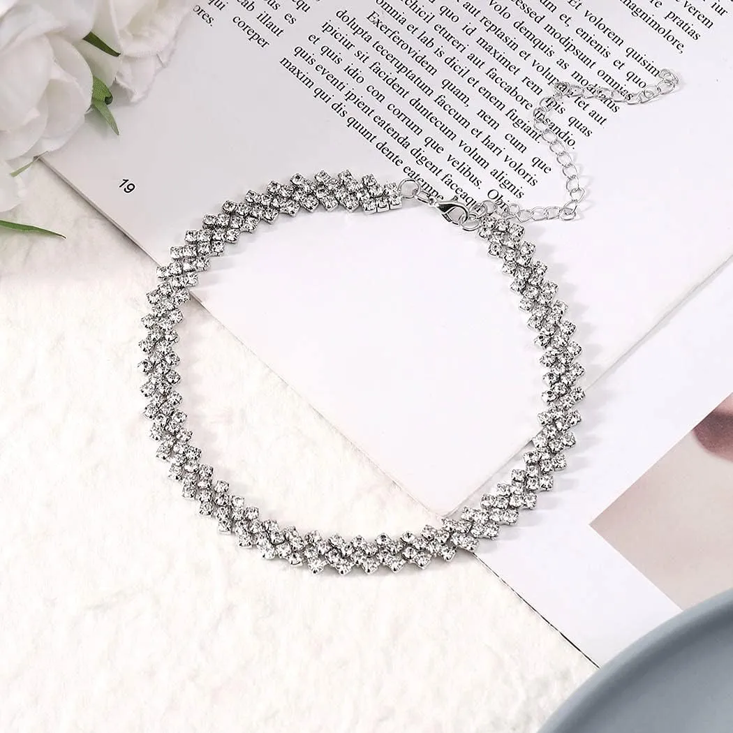JEAIRTS Rhinestone Choker Necklace Silver Diamond Row Necklaces Sparkly Crystal Necklace Chain Jewerly Fashion Minimalist Party Prom Accessories for Women