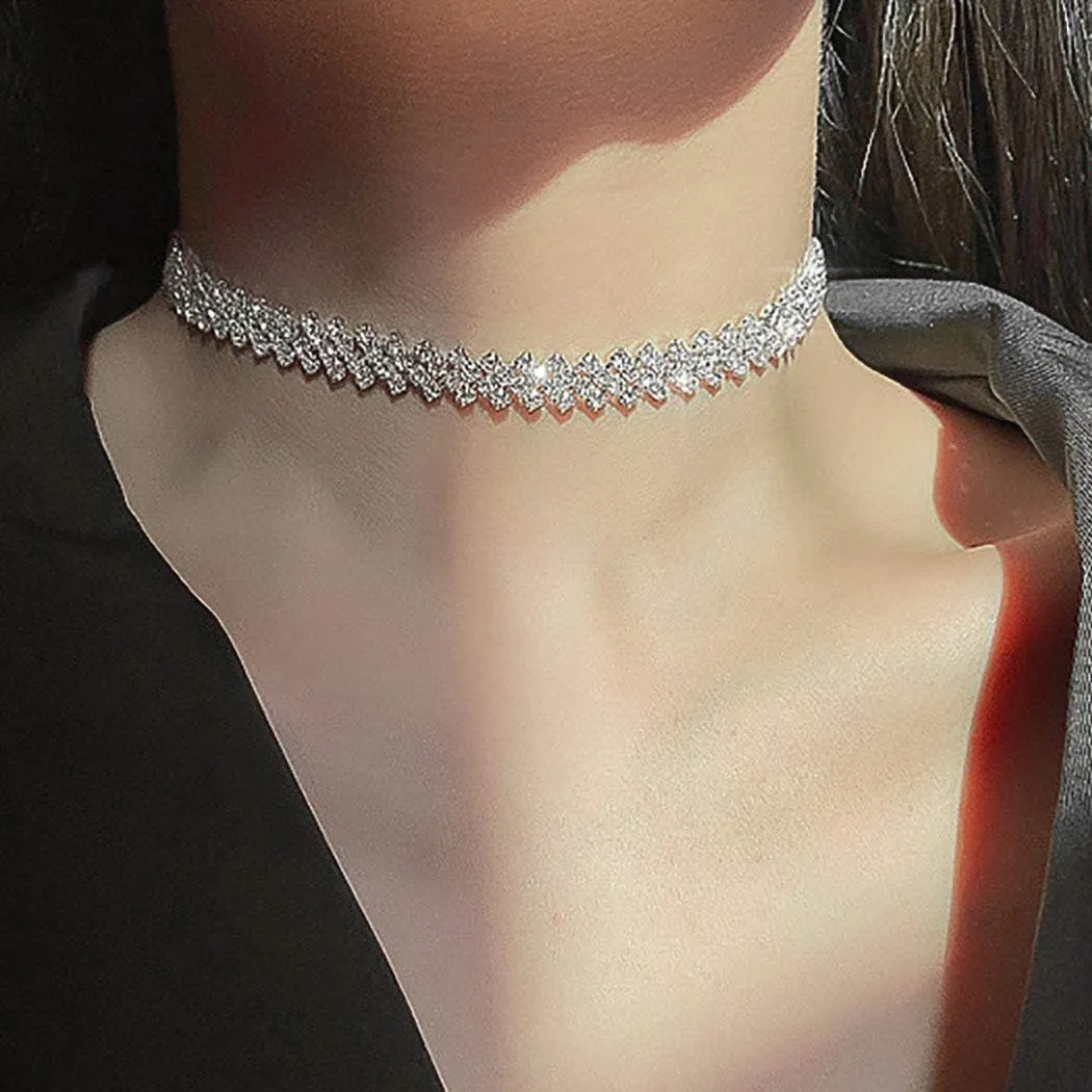 JEAIRTS Rhinestone Choker Necklace Silver Diamond Row Necklaces Sparkly Crystal Necklace Chain Jewerly Fashion Minimalist Party Prom Accessories for Women