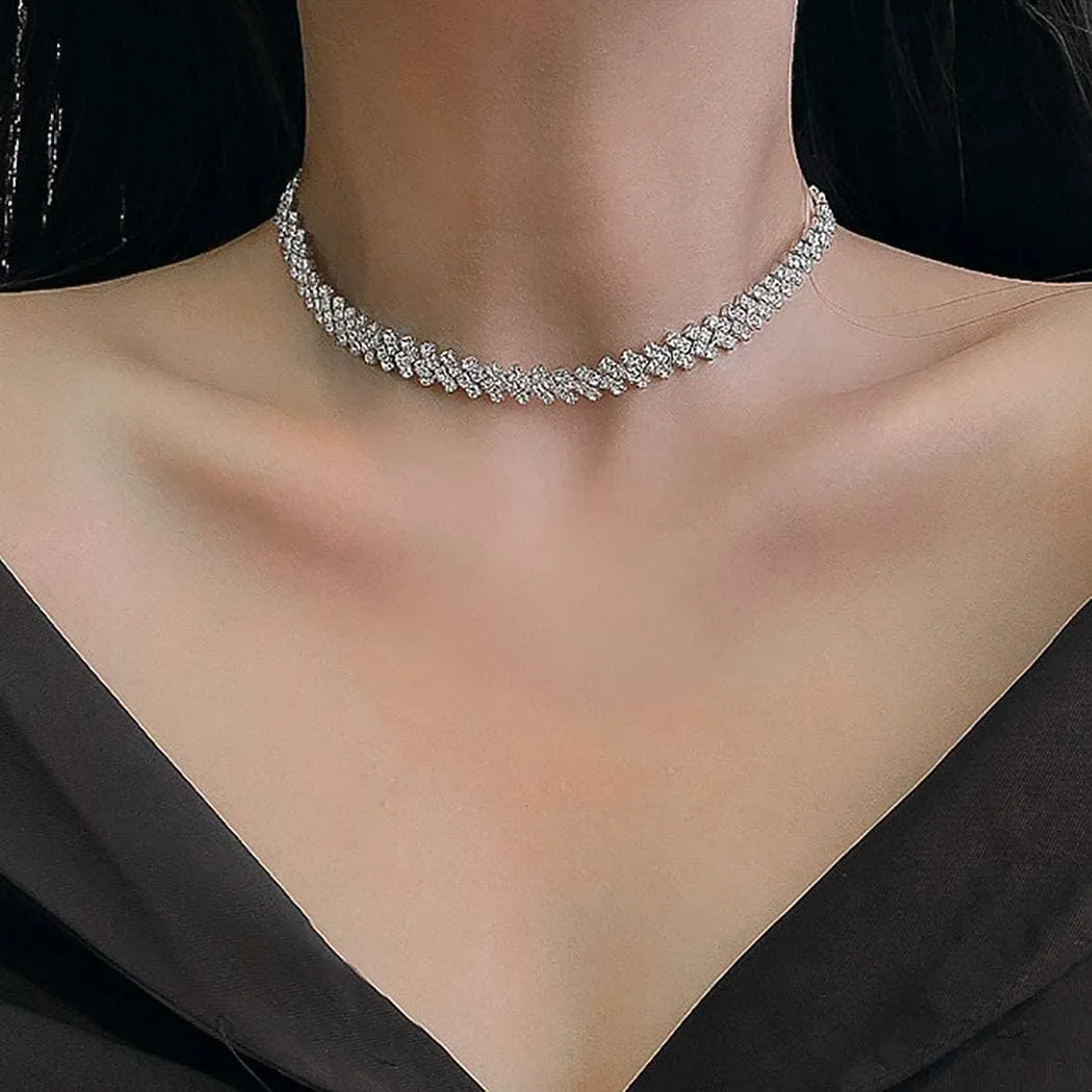 JEAIRTS Rhinestone Choker Necklace Silver Diamond Row Necklaces Sparkly Crystal Necklace Chain Jewerly Fashion Minimalist Party Prom Accessories for Women