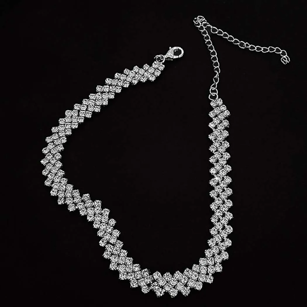 JEAIRTS Rhinestone Choker Necklace Silver Diamond Row Necklaces Sparkly Crystal Necklace Chain Jewerly Fashion Minimalist Party Prom Accessories for Women