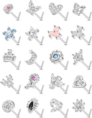 JeryWe 20 Pcs 20G Nose Rings Studs for Women Stainless Steel L Shaped Nose Studs Heart Butterfly Flower Snowflake Crown Wing CZ Nose Piercing Jewelry Silver Rose Gold