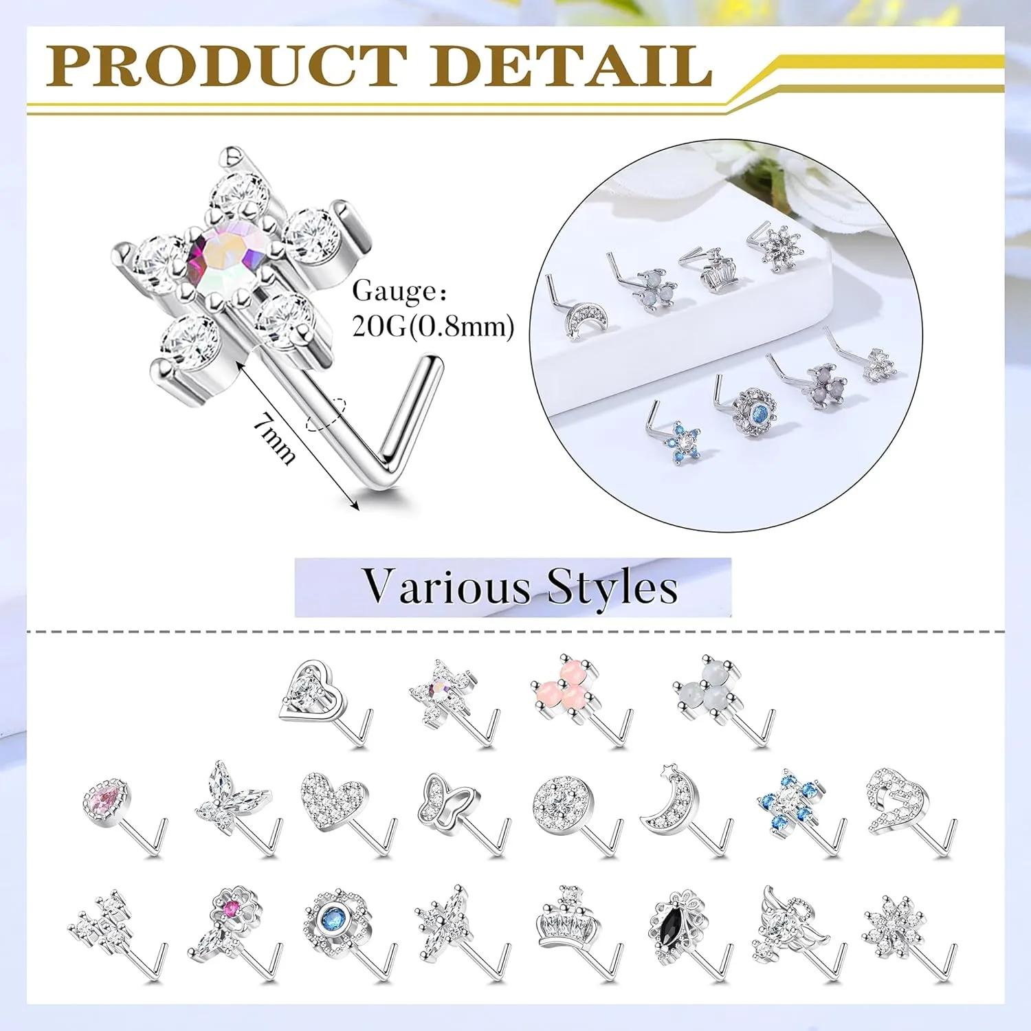 JeryWe 20 Pcs 20G Nose Rings Studs for Women Stainless Steel L Shaped Nose Studs Heart Butterfly Flower Snowflake Crown Wing CZ Nose Piercing Jewelry Silver Rose Gold