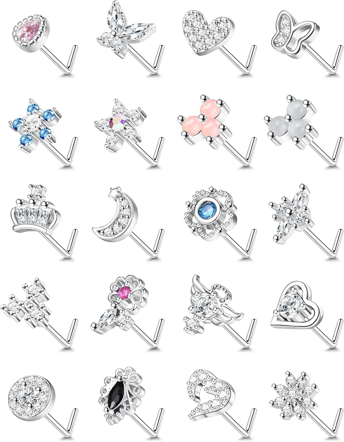 JeryWe 20 Pcs 20G Nose Rings Studs for Women Stainless Steel L Shaped Nose Studs Heart Butterfly Flower Snowflake Crown Wing CZ Nose Piercing Jewelry Silver Rose Gold
