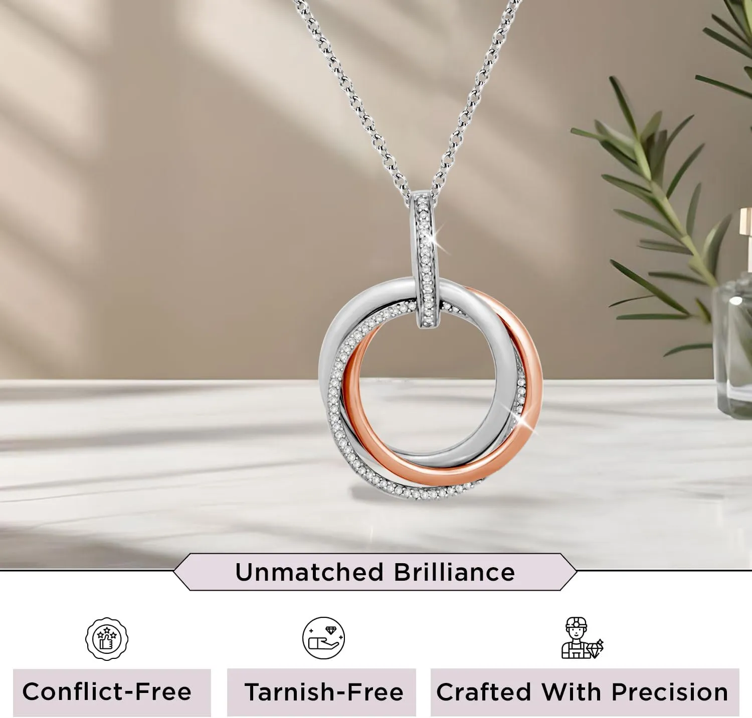 Jewelili Sterling Silver or Rose or Yellow Gold Plated Sterling Silver Circles Pendant Necklace for Women | 1/6 CTTW Natural White Round Diamonds | 18" Cable Chain | Luxury Jewelry Gift for Her | Gift Box Included
