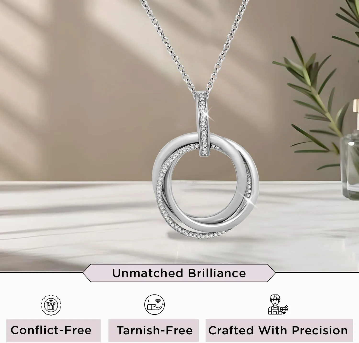 Jewelili Sterling Silver or Rose or Yellow Gold Plated Sterling Silver Circles Pendant Necklace for Women | 1/6 CTTW Natural White Round Diamonds | 18" Cable Chain | Luxury Jewelry Gift for Her | Gift Box Included
