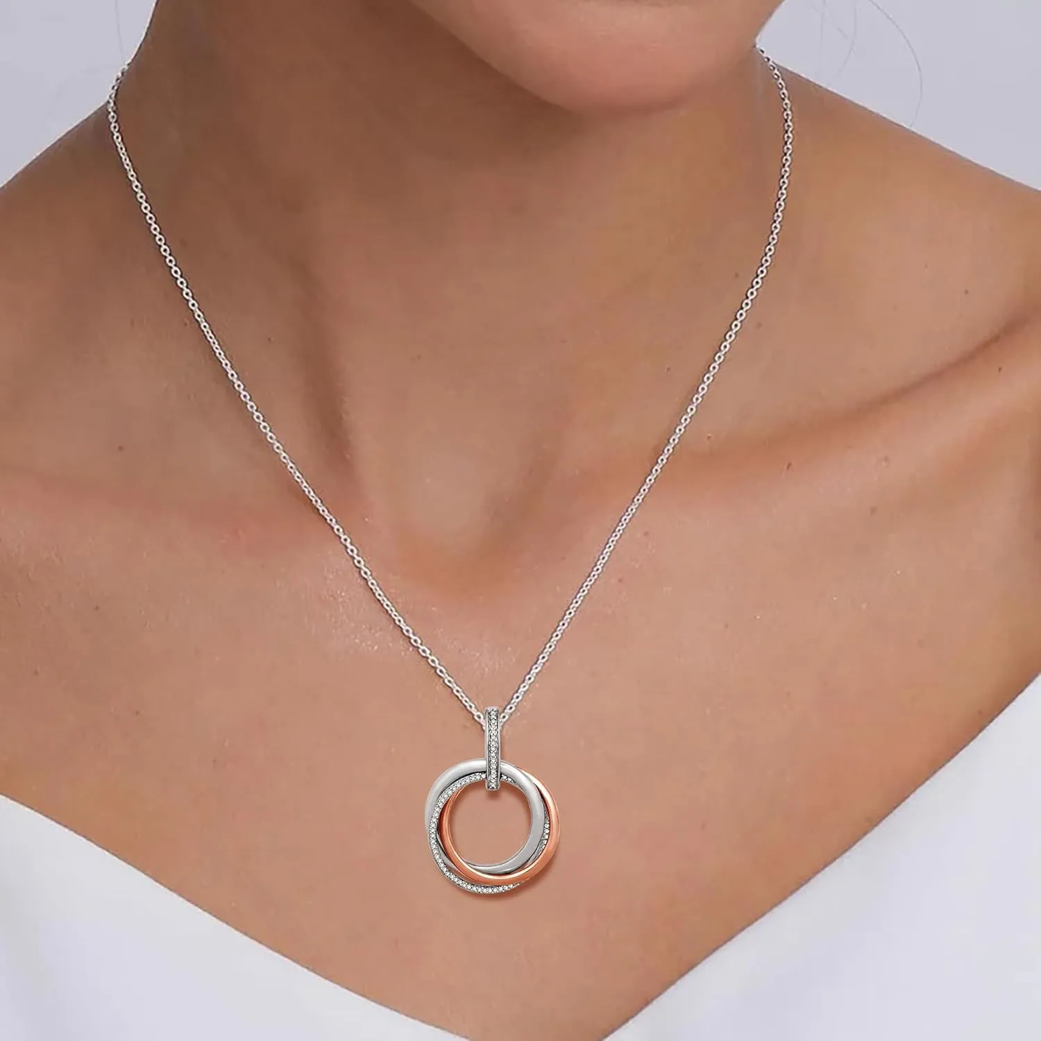 Jewelili Sterling Silver or Rose or Yellow Gold Plated Sterling Silver Circles Pendant Necklace for Women | 1/6 CTTW Natural White Round Diamonds | 18" Cable Chain | Luxury Jewelry Gift for Her | Gift Box Included