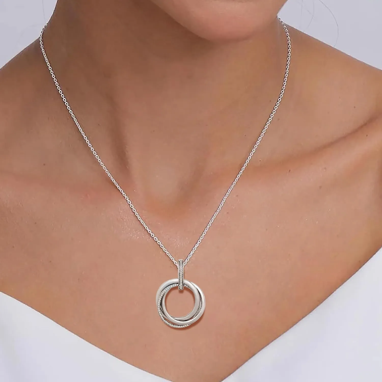 Jewelili Sterling Silver or Rose or Yellow Gold Plated Sterling Silver Circles Pendant Necklace for Women | 1/6 CTTW Natural White Round Diamonds | 18" Cable Chain | Luxury Jewelry Gift for Her | Gift Box Included