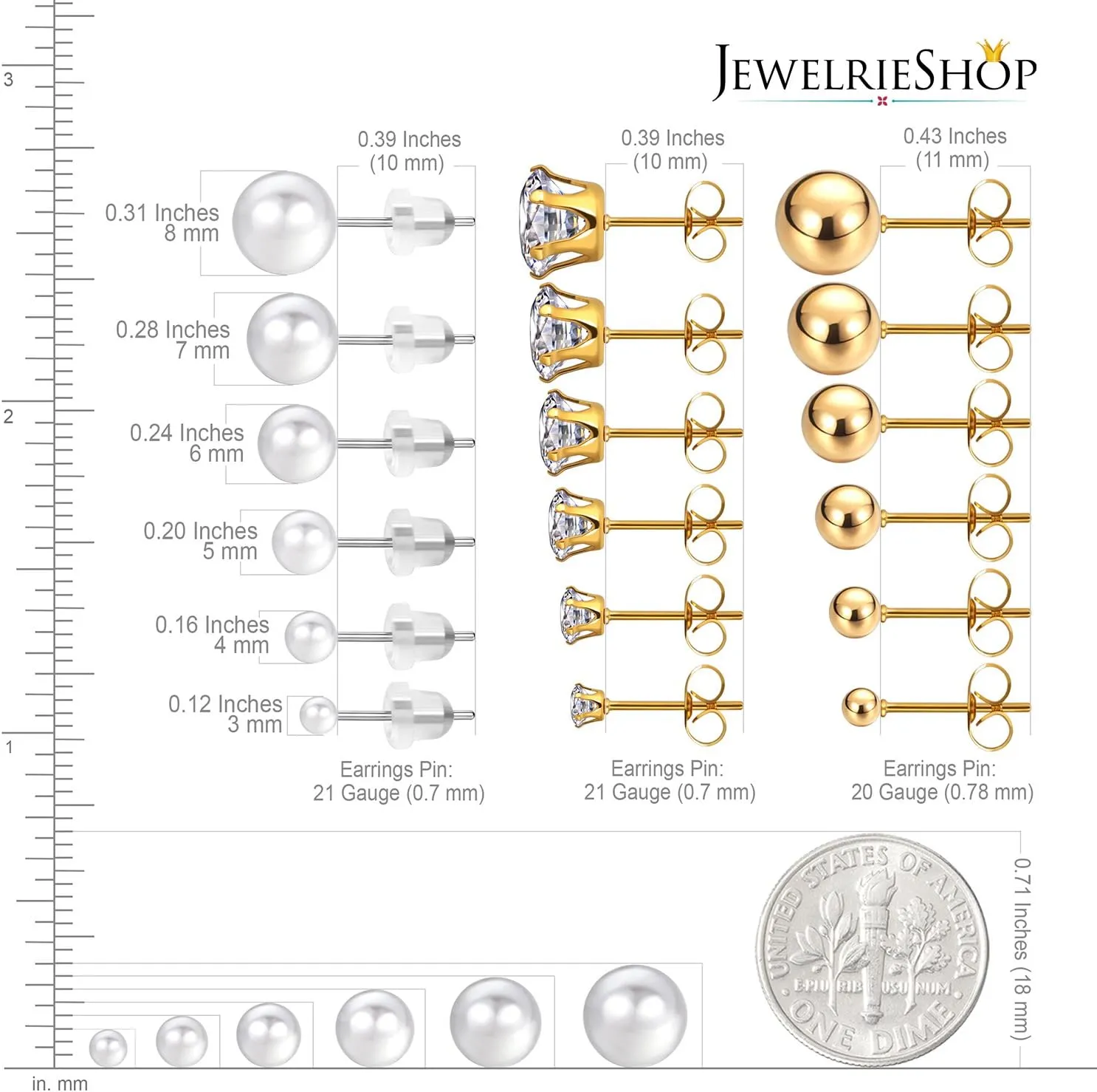 JewelrieShop Earrings Studs Set for Women Stainless Steel CZ Ball Faux Pearl Hoop Hypoallergenic Silver Multiple Ear Stud Earing for Men