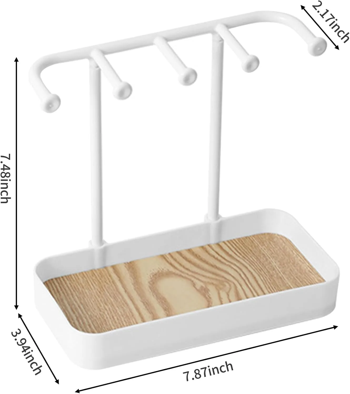 Jewelry Organizer Stand, Necklaces Holder with Wooden Tray, Necklace Display Stand Jewelry Storage Hooks for Necklace, Bracelets, Earrings, Ring, Keys, Watches (White)