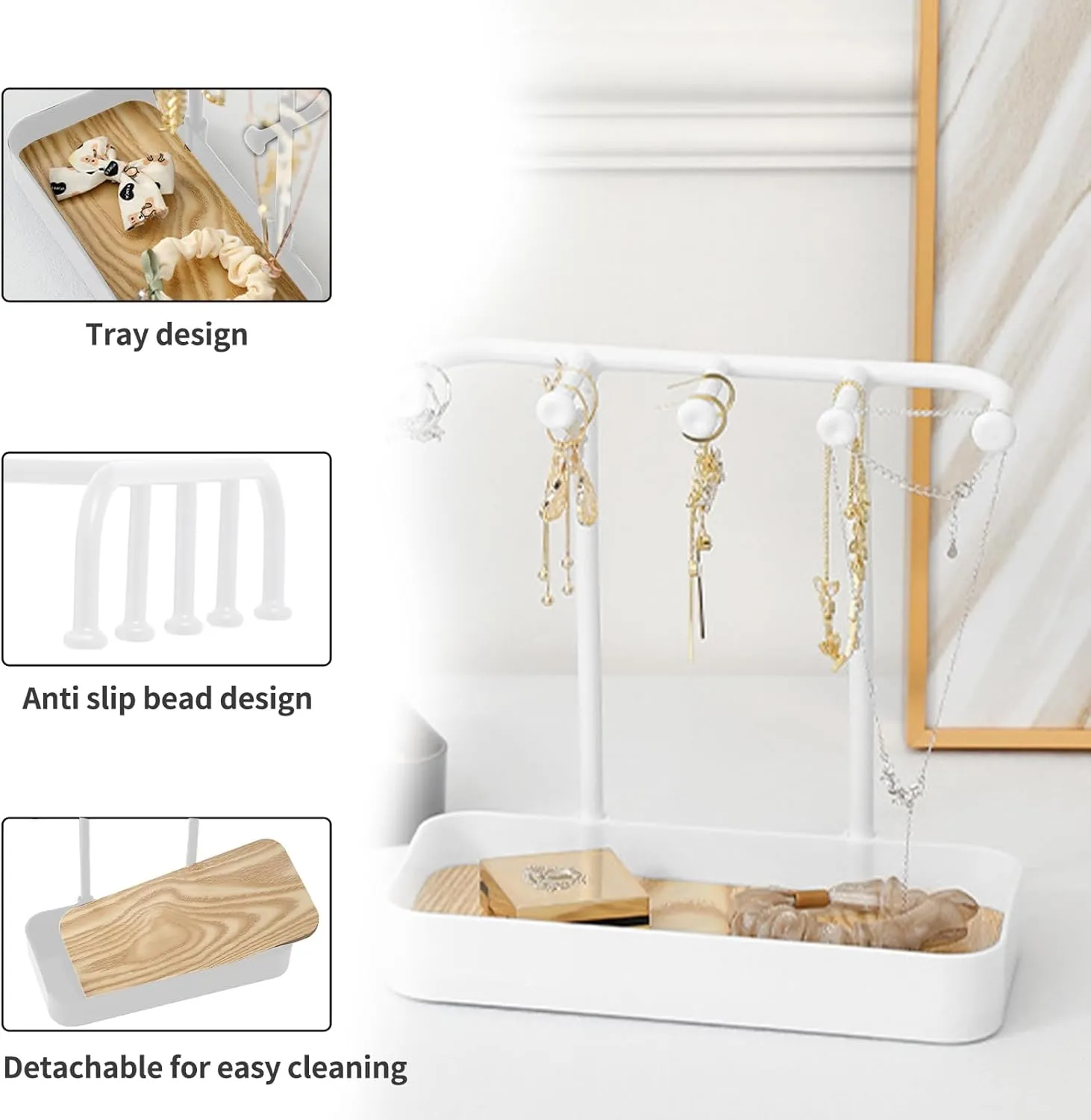 Jewelry Organizer Stand, Necklaces Holder with Wooden Tray, Necklace Display Stand Jewelry Storage Hooks for Necklace, Bracelets, Earrings, Ring, Keys, Watches (White)