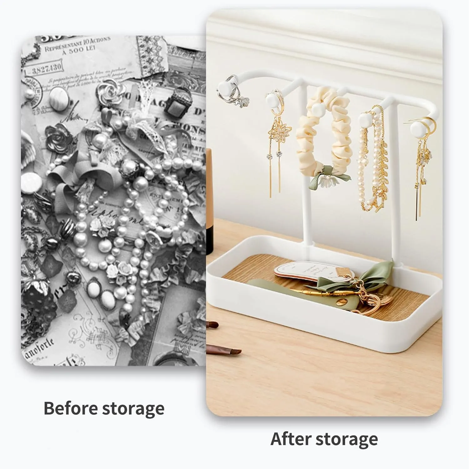 Jewelry Organizer Stand, Necklaces Holder with Wooden Tray, Necklace Display Stand Jewelry Storage Hooks for Necklace, Bracelets, Earrings, Ring, Keys, Watches (White)