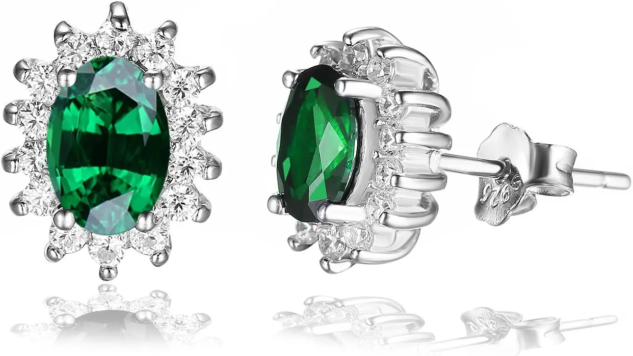 JewelryPalace Princess Diana Kate Middleton Class Gemstone Birthstone Sapphire Emerald Ruby Stud Earrings for Women, 14k Yellow Gold Plated 925 Sterling Silver Earrings for Women, Earings Set