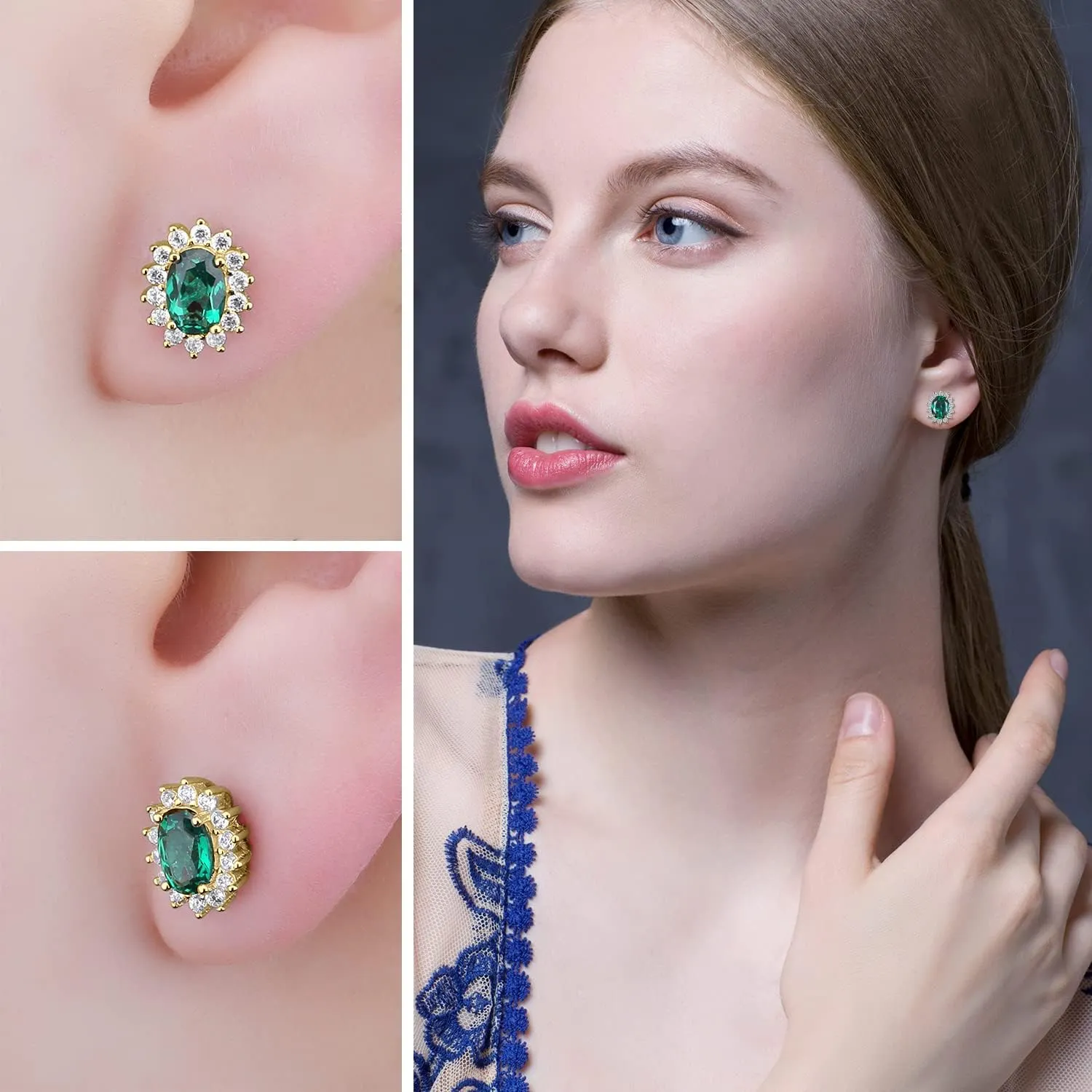 JewelryPalace Princess Diana Kate Middleton Class Gemstone Birthstone Sapphire Emerald Ruby Stud Earrings for Women, 14k Yellow Gold Plated 925 Sterling Silver Earrings for Women, Earings Set