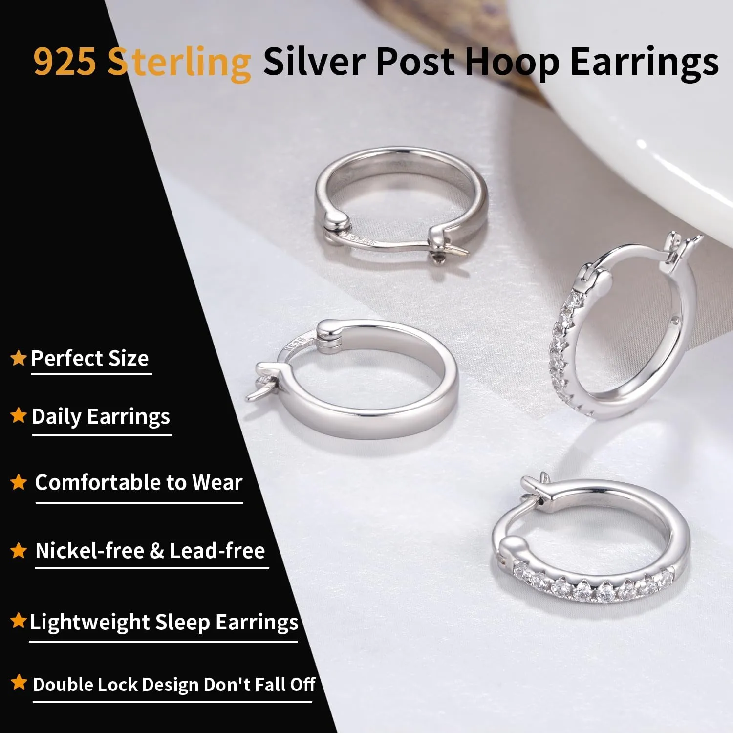 Jewlpire 14K Gold Hoop Earrings with 925 Sterling Silver Post Hypoallergenic Lightweight Small Hoop Earrings for Women 15mm 20mm Huggie Earrings
